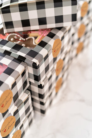 Packaging a homemade variety of fudge and gingerbread cookies for Christmas food gifts into paper boxes.の写真素材