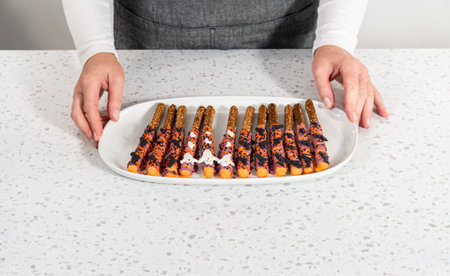 Halloween chocolate-covered pretzel rods with sprinkles on a white serving plate.