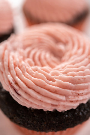 Chocolate cupcakes frosted with strawberry buttercream frosting.の写真素材