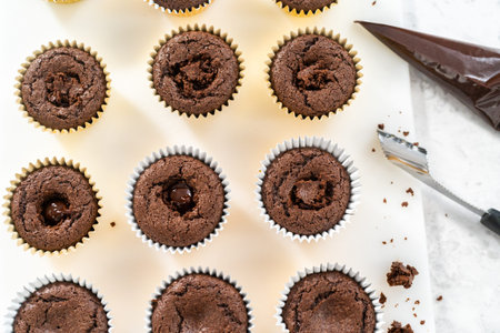 Filling smores cupcakes with chocolate ganache.