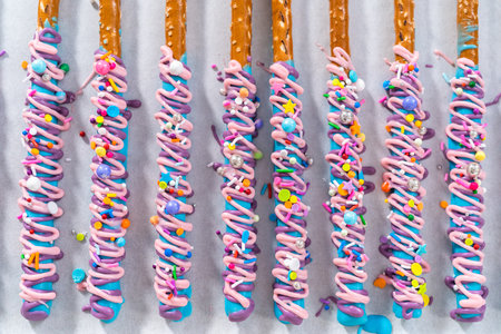 Mermaid chocolate pretzel rods drizzled with pink and purple chocolate and covered with sprinkles.の写真素材