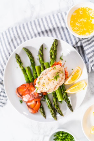 Sering garlic lobster tails with steamed asparagus and lemon wedges on a white plate.の写真素材