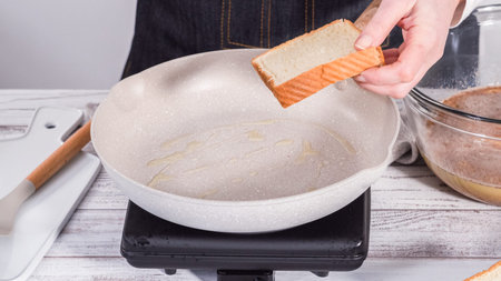 Step by step. Frying french toast in a nonstick frying pan.