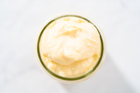 Cream cheese filling for bundt cake in small glass jat.の写真素材