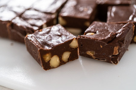Cutting chocolate macadamia fudge with a large kitchen knife into square pieces on a white cutting board.の写真素材