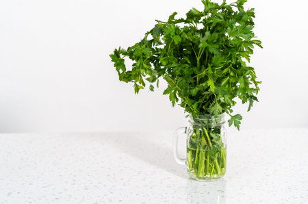 Storing fresh parsley in a jar with water.の写真素材
