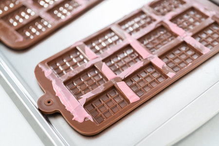 Removing mini pink chocolates from silicone chocolate mold.