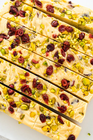 Cutting cranberry pistachio fudge with a large kitchen knife into square pieces on a white cutting board.の写真素材