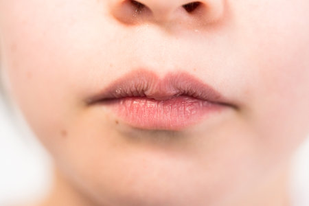 Close-up of the mouth of a girl with rainbow braces.の写真素材