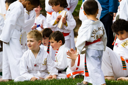 Tae Kwon Do student practicing in the park.のeditorial素材
