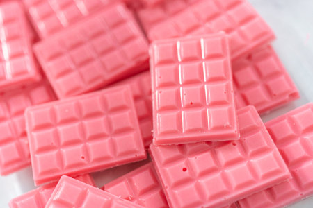 Homemade mini pink chocolates in a food glass container.