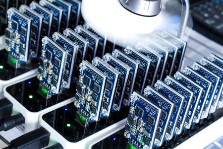Bitcoin mining USB devices in a row with small fans.