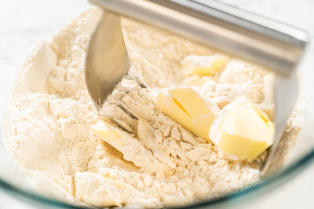Mixing dry ingredients with a hand whisk in a glass mixing bowl to bake no-yeast cinnamon roll cupcakes.の写真素材