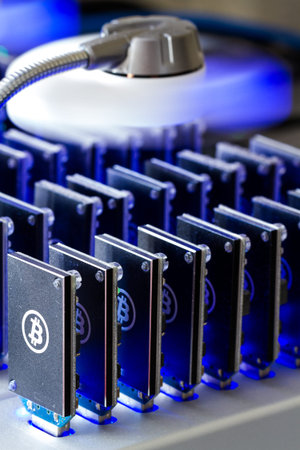 Bitcoin mining USB devices in a row with small fans.