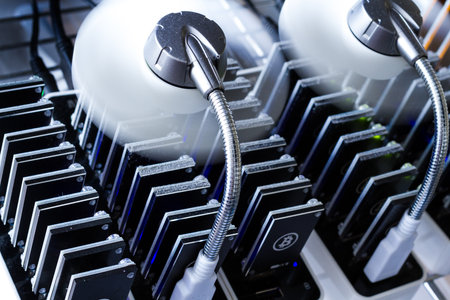 Bitcoin mining USB devices in a row with small fans.の写真素材