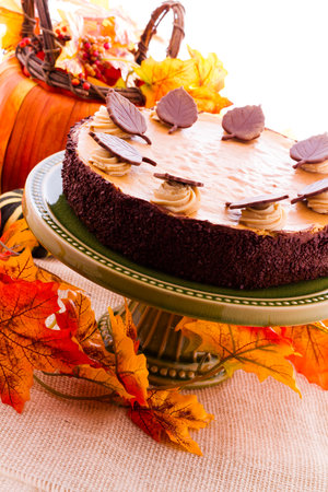 Pumpkin white chocolate cheesecake for Thanksgiving.の写真素材