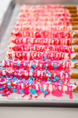 Drizzling melted chocolate over chocolate-dipped pretzels rods and decorating with sprinkles to make chocolate-covered pretzel rods for Valentines Day.の写真素材