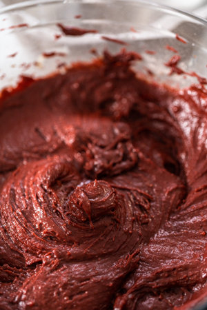 Filling metal bundt cake pan with cake butter to bake red velvet bundt cake with cream cheese glaze