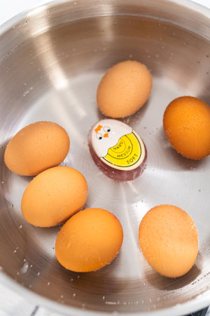 Boiling brown organic eggs in a cooking pot to prepare hard-boiled eggs.の写真素材