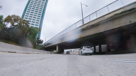 Los Angeles, California, USA-December 4, 2022-POV-Amidst a rainy winter day, driving on HWY 134 near...