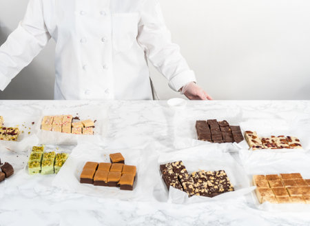 Packaging a homemade variety of fudge for Christmas food gifts into tin boxes.の写真素材