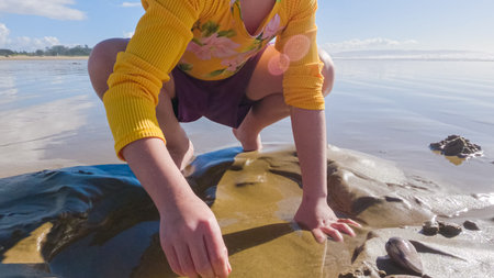 Little girl joyfully clamming on Pismo Beach, bundled up for the winter chill as she explores the...