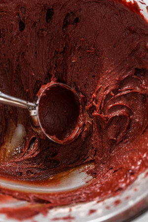 Filling metal bundt cake pan with cake butter to bake red velvet bundt cake with cream cheese glazeの写真素材