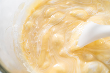 Melting chocolate chips and other ingredients in a glass mixing bowl over boiling water to prepare eggnog fudge.の写真素材
