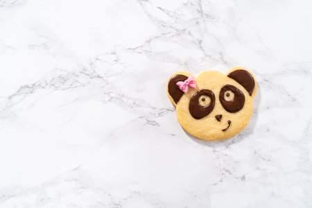 Panda-shaped shortbread cookies with chocolate icing on the kitchen counter.の写真素材