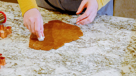 Using various festive cookie cutters, were cutting out charming gingerbread cookies from the rolled dough on the sleek marble counter, bringing holiday cheer to the modern kitchen.の写真素材