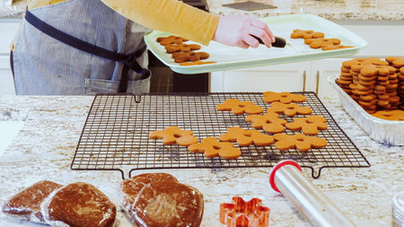 After baking to perfection, these delightful gingerbread cookies are now cooling gracefully on a...