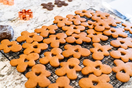 Freshly baked gingerbread cookies find their place on a cooling wire rack in a modern white kitchen,...