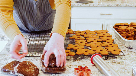 After baking to perfection, these delightful gingerbread cookies are now cooling gracefully on a wire rack, filling the modern kitchen with a warm and inviting aroma.の写真素材
