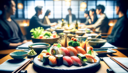 This closer birdâs-eye view captures the essence of a Japanese dining table, richly laid with sushi, sashimi, tempura, and salads, where each dishâs texture and color are vividly presented. The blurred background of diners adds depth, focusing the viewerâs attention on the exquisite culinary details and the vibrant array of dishes.の素材