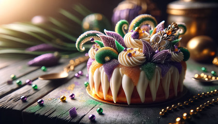 Stunningly decorated Mardi Gras-themed cake takes center stage, adorned with feathers, beads, and bold purple, green, and gold icing, accompanied by matching cupcakes, all set against a backdrop of warm, twinkling lights, capturing the essence of the carnival spirit.の素材