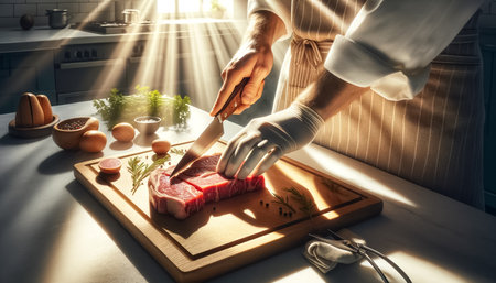 An expert chefâs hands are meticulously trimming and preparing premium steak cuts on a cutting board, with a focus on precision and care in a professional kitchen setting, showcasing culinary expertise and preparation.の素材