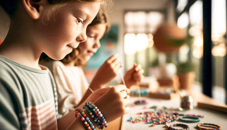 Girls deeply engaged in the art of making bead bracelets. Their expressions of concentration and happiness illuminate a modern kids room, filled with natural light and vibrant colors, highlighting the warmth of friendship and creativity.の素材