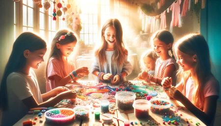 Girl and her friends gathered in her brightly lit room, deeply engaged in making colorful bead bracelets. The rooms lively decor adds to the joyous atmosphere, highlighting the creativity and friendship shared among them.の素材