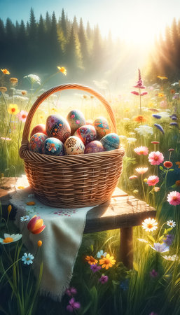 Celebration of Easter within a vibrant meadow, where a rustic wicker basket full of painted eggs on a wooden bench becomes part of a larger scene. Alive with blooming wildflowers, bees, and butterflies, and backed by a gentle stream reflecting the blue sky, a family enjoys a distant Easter egg hunt, capturing the essence of communal joy, the renewal of spring, and the warmth of gathering together.の素材