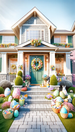 Suburban house, beautifully decorated for Easter. The entrance features an Easter wreath, surrounded by additional festive decorations that include bunnies, eggs, and a flourish of spring flowers. The vibrant colors and symbols of Easter breathe life into the welcoming, homely appearance of the house, set against a bright and cheerful suburban backdrop. The detailed portrayal captures the essence of the holiday spirit, inviting viewers into a world where community and celebration are intertwined.の素材