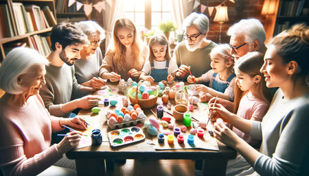 In a cozy room bathed in sunlight, an extended family spans three generations as they come together to celebrate Easter by decorating eggs. Grandparents, parents, and children all share in the laughter and artistry, creating memories and decorations amid a colorful array of paints and brushes.の素材