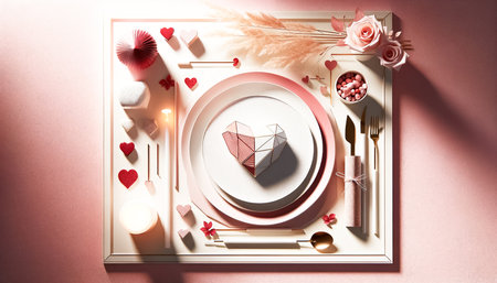 Table setting is a celebration of love with its heart-themed decorations, creating a symphony of reds and whites. The central plate features an intricate heart design, surrounded by a variety of heart-shaped adornments, candles, and floral accents, all laid out on a soft pink backdrop, perfect for a romantic celebration.の素材
