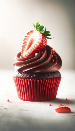 Luscious chocolate cupcake is topped with a swirl of rich frosting and a fresh, ripe strawberry slice, epitomizing the perfect blend of sweet and succulent.の素材