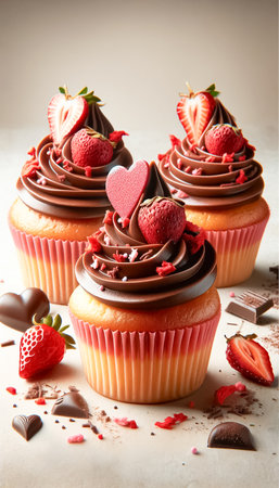 Love is sweetly baked into these cupcakes, adorned with a delicate chocolate drizzle and charming heart-shaped toppings, alongside fresh strawberries and chocolate pieces. Love is sweetly baked into these cupcakes, adorned with a delicate chocolate drizzle and charming heart-shaped toppings, alongside fresh strawberries and chocolate pieces.の素材