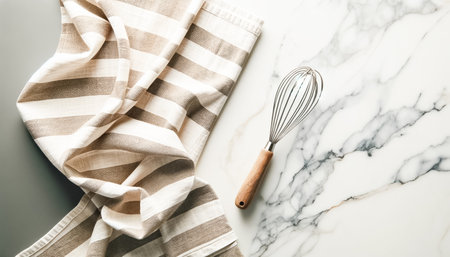 Neatly folded striped kitchen towels exude simplicity and elegance against a cool marble countertop, paired with a rustic wooden spoon for a touch of warmth.の素材