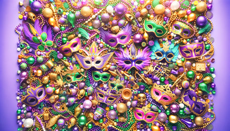 Center stage in this opulent Mardi Gras collection is a stunning mask adorned with feathers and jewels, surrounded by an abundance of coordinating beads and baubles.の素材