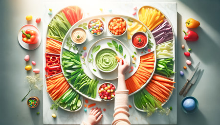 Perfect for an Easter feast, this marble countertop holds a vibrant arrangement of sliced vegetables and edible flowers, with hummus for dipping, creating a festive and healthy centerpiece.の素材