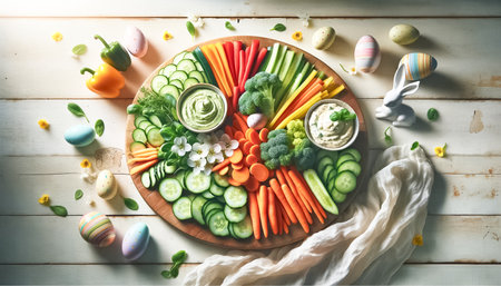 Perfect for an Easter feast, this marble countertop holds a vibrant arrangement of sliced vegetables and edible flowers, with hummus for dipping, creating a festive and healthy centerpiece.の素材
