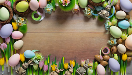 A rustic wooden table sets the stage for an Easter celebration, featuring an enchanting array of painted eggs, adorable bunny figurines, and fresh spring flowers.の素材