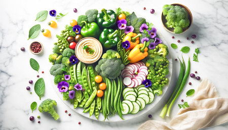 Perfect for an Easter feast, this marble countertop holds a vibrant arrangement of sliced vegetables and edible flowers, with hummus for dipping, creating a festive and healthy centerpiece.の素材